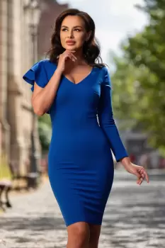 Rochie eleganta de ocazie albastru royal cu volan la un umar imagine