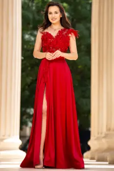 Rochie eleganta de seara Ofelia rosie lunga cu flori 3D imagine