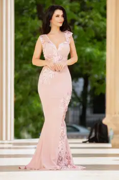 Rochie eleganta de seara sirena Fabrizia roz cu flori 3D brodate imagine