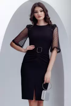 Rochie eleganta Fofy neagra cu maneci de dantela si aplicatii 3D imagine