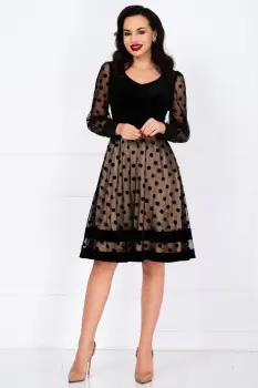 Rochie eleganta in clos din catifea cu dublura bej si buline imagine