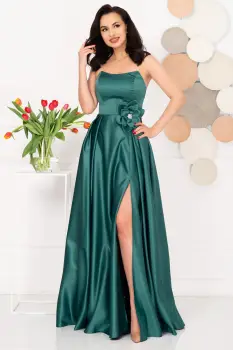 Rochie eleganta lunga verde Lorelai din tafta cu floare 3D imagine