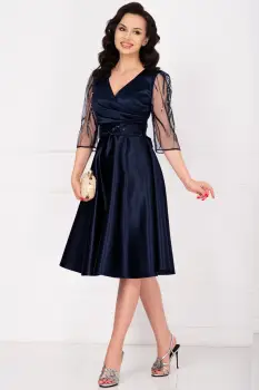 Rochie eleganta midi bleumarin Britney in clos cu maneci din tulle imagine