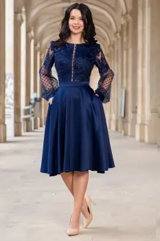 Rochie eleganta midi bleumarin in clos Paulina cu broderie pretioasa imagine