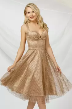 Rochie eleganta nude din tulle Pretty Girl cu buline si bust tip corset imagine