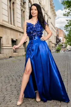 Rochie eleganta Ofelia albastra lunga cu flori 3D imagine