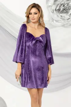 Rochie eleganta Pretty Girl lila lejera din catifea cu insetii argintii imagine