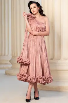 Rochie eleganta roz Caroline midi din voal peliculizat plisat imagine
