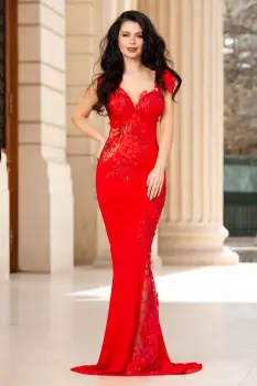 Rochie eleganta sirena Fabrizia rosie de seara cu flori 3D brodate imagine