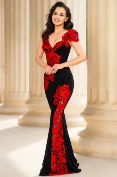 Rochie eleganta tip sirena Fabrizia cu broderie florala rosie imagine
