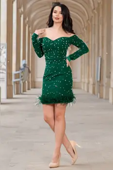 Rochie eleganta verde Briana pretioasa cu perle si fulgi imagine