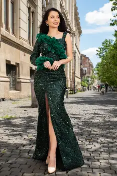 Rochie eleganta verde Isabela cu fronseuri si insertie de fulgi imagine
