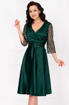 Rochie eleganta verde midi Britney in clos cu maneci din tulle imagine
