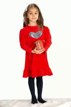 Rochie fetita Alma rosie din catifea cu inima din paiete imagine