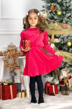 Rochie fetita din catifea fucsia Fiolla in clos cu guler imagine