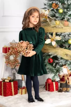 Rochie fetita din catifea verde Fiolla in clos cu guler imagine