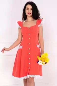 Rochie InPuff corai cu volanase la umeri si broderie aplicata imagine