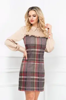 Rochie InPuff de zi cofee cu carouri si maneci lungi din voal imagine