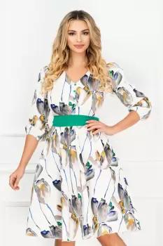 Rochie InPuff de zi ecru in clos cu imprimeu floral tip pictura imagine