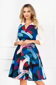 Rochie InPuff de zi in clos cu print multicolor si maneci din voal imagine