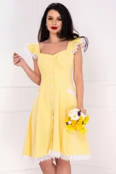 Rochie InPuff galbena cu volanase la umeri si broderie aplicata imagine