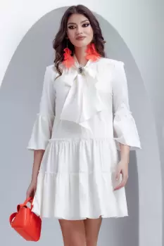 Rochie ivoire de zi Fofy din voal satinat cu esarfa innodata si brosa cu cristale imagine