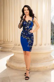 Rochie Ivona albastru royal cu broderie si flori 3D imagine