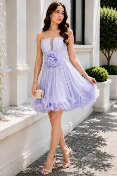 Rochie lila scurta din voal Vittoria in clos cu volane imagine
