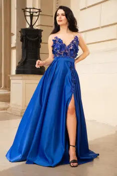 Rochie lunga Abigail royal de lux tip printesa din tafta cu flori 3D imagine