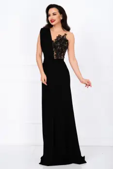 Rochie lunga de seara Gilda neagra cu fronseuri si bust brodat imagine