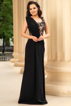 Rochie lunga de seara Gilda neagra cu fronseuri si bust brodat imagine
