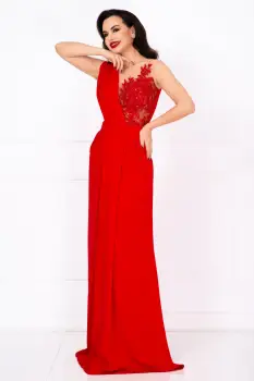 Rochie lunga de seara Gilda rosie cu fronseuri si bust brodat imagine