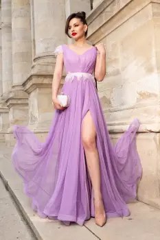 Rochie lunga de seara lila Petronela decorata cu banda din fulgi imagine