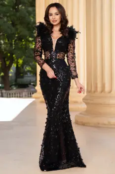 Rochie lunga neagra de seara Alejandra cu paiete si fluturi decorativi imagine