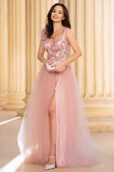 Rochie lunga roz Palmira cu fusta din tulle si bust decorat cu flori imagine