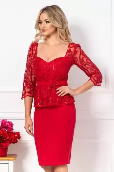 Rochie MBG conica de ocazie eleganta rosie cu broderie si paiete imagine