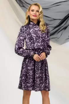 Rochie midi Pretty Girl leopard mov cu dantela la gat si mansete imagine