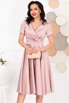 Rochie midi roz in clos Filipina cu maneci scurte tip lalea imagine