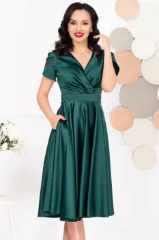 Rochie midi verde in clos Filipina cu maneci scurte tip lalea imagine