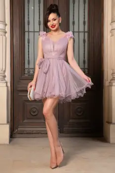 Rochie mini baby-doll roz cu trandafiri 3D la umeri imagine