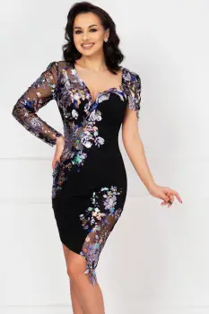 Rochie neagra de seara Adelina asimetrica cu flori pastelate si paiete imagine
