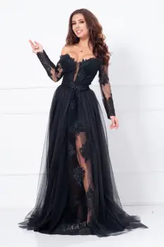Rochie neagra de seara lunga Aurora din tulle si dantela imagine