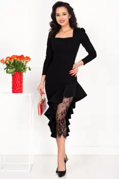 Rochie neagra eleganta Elinor midi cu insertie din dantela si volan imagine