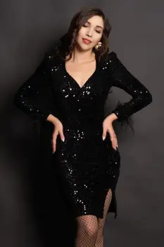 Rochie neagra eleganta scurta Elma cu paiete si fulgi imagine