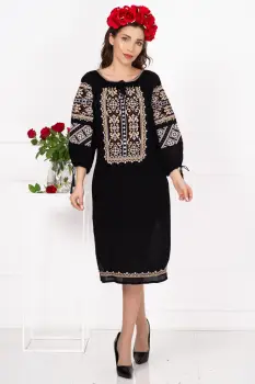 Rochie neagra traditionala Iarina cu broderie cu simbolul crucii imagine