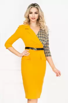 Rochie office conica mustar cu imprimeu pied du coq si curea in talie imagine