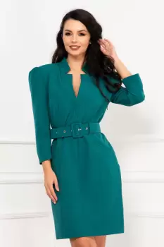 Rochie office eleganta verde dreapta cu centura in talie imagine