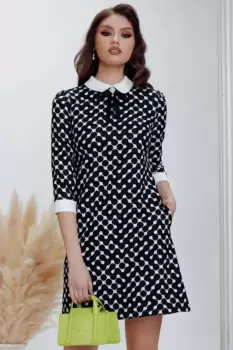 Rochie office Fofy in A cu imprimeu grafic si guler alb imagine