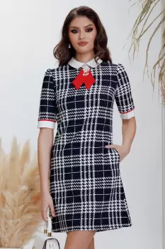 Rochie office Fofy in A imprimeu carouri si esarfa rosie imagine