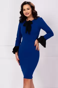 Rochie office Mary albastru royal cu mansete negre si funda imagine